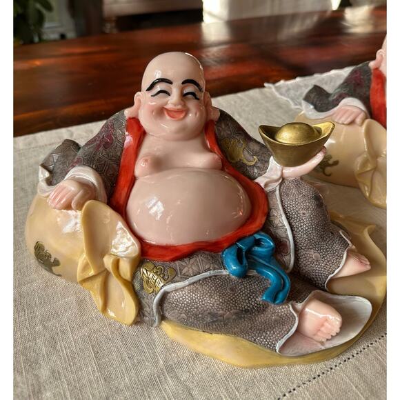 2 Laughing Buddha statues set of two resin hand painted pair decor figurines - Picture 7 of 16